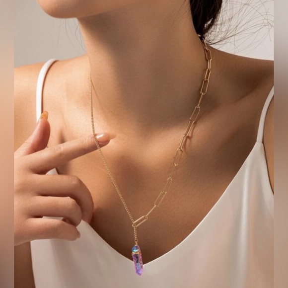 New Rainbow Aura Crystal Quartz Lariat Dual Copper Chain Necklace | Y Shape - Picture 3 of 15